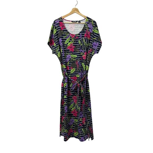 Lands End Dress Size XL 18 Belted Cotton Blend Jersey Midi Floral Stripe - Picture 1 of 11